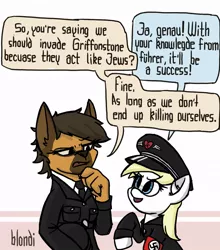 Size: 820x930 | Tagged: safe, artist:plunger, derpibooru import, oc, oc:aryanne, unofficial characters only, diamond dog, pony, accent, bigot, blondi, clothes, dialogue, diamond dogified, female, german, hat, mare, misspelling, nazi, peaked cap, racism, simple background, species swap, swastika, text, thinking, uniform, warpone, white background