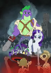 Size: 2480x3508 | Tagged: safe, artist:fuzzbird, derpibooru import, rarity, spike, dragon, skeleton pony, army of darkness, beefspike, bone, chainsaw, evil dead, female, male, parody, shipping, skeleton, sparity, straight