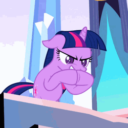 Size: 500x500 | Tagged: safe, artist:dtkraus, derpibooru import, edit, edited screencap, screencap, twilight sparkle, pony, unicorn, the crystal empire, evil grin, evil twilight, gendo pose, gif, grin, hooves together, non-animated gif, pure unfiltered evil, scheming, smiling, solo, unicorn twilight