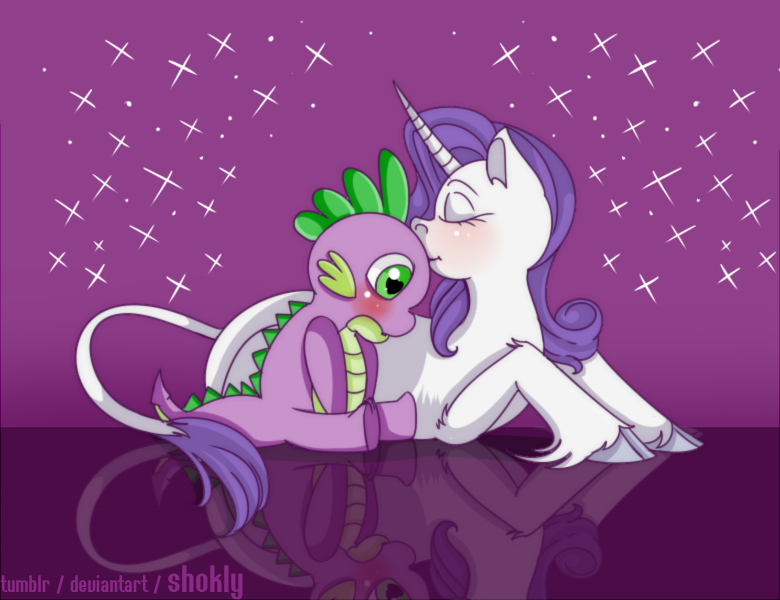 Size: 780x600 | Tagged: safe, artist:shokly, derpibooru import, rarity, spike, classical unicorn, dragon, pony, unicorn, cloven hooves, female, kissing, leonine tail, male, prone, shipping, sitting, sparity, straight, unshorn fetlocks