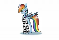 Size: 1181x787 | Tagged: artist:rainbow-fire360, clothes, cuffs, derpibooru import, frustrated, never doubt rainbowdash69's involvement, prisoner, prisoner rd, prison outfit, prison stripes, rainbow dash, safe, shackles, simple background, solo, white background