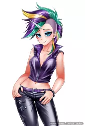 Size: 676x1000 | Tagged: alternate hairstyle, artist:racoonsan, belt, breasts, clothes, derpibooru import, female, hair dye, horned humanization, human, humanized, it isn't the mane thing about you, leather pants, looking at you, midriff, nail polish, pants, punk, raripunk, rarity, safe, simple background, smiling, solo, white background
