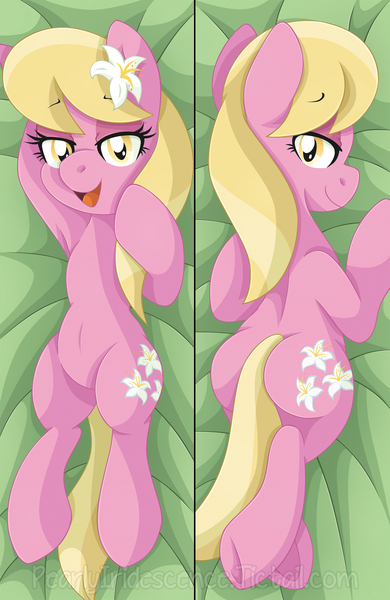 Size: 1355x2084 | Tagged: safe, artist:pearlyiridescence, derpibooru import, lily, lily valley, earth pony, pony, armpits, background pony, bedroom eyes, body pillow, body pillow design, cute, cutie mark, featureless crotch, flower, flower in hair, hooves behind head, looking back, open mouth, plot, prone, smiling, underhoof