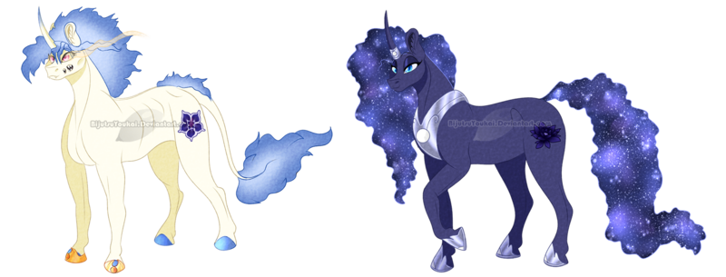 Size: 1785x680 | Tagged: safe, artist:bijutsuyoukai, derpibooru import, oc, oc:black lotus, oc:morning glory, unofficial characters only, classical unicorn, pony, unicorn, cloven hooves, curved horn, female, half-siblings, horn ring, horseshoes, leonine tail, mare, offspring, parent:good king sombra, parent:king sombra, parent:princess celestia, parent:princess luna, parents:celestibra, parents:lumbra, simple background, sombra eyes, transparent background, unshorn fetlocks