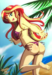 Size: 3106x4500 | Tagged: suggestive, artist:danmakuman, derpibooru import, sunset shimmer, equestria girls, absurd resolution, adorasexy, ass, barefoot, beach, beach babe, beckoning, bikini, bikini babe, breasts, bunset shimmer, busty sunset shimmer, cleavage, clothes, cute, erect nipples, feet, female, flower pattern swimsuit, looking at you, looking back, looking back at you, nipple outline, ocean, one eye closed, open mouth, purple swimsuit, sand, sexy, side-tie bikini, sideboob, signature, solo, solo female, string bikini, sweat, swimsuit, thong swimsuit, wink