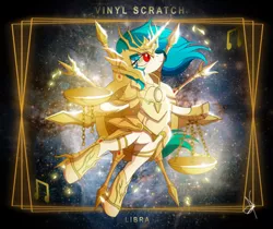 Size: 3840x3232 | Tagged: safe, artist:zidanemina, derpibooru import, vinyl scratch, pony, unicorn, armor, crossover, female, god cloth, helmet, libra, mare, red eyes, saint seiya, smiling, solo, updated, zodiac