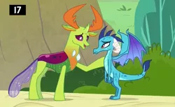 Size: 1152x706 | Tagged: safe, derpibooru import, screencap, princess ember, thorax, changedling, changeling, dragon, triple threat, king thorax