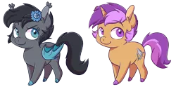 Size: 2193x1090 | Tagged: safe, artist:mayaliicious, derpibooru import, oc, oc:seachell, oc:sharkbutt, unofficial characters only, bat pony, unicorn, chibi, flower, flower in hair, sharkchell