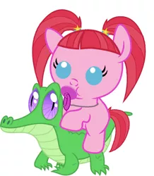 Size: 886x1017 | Tagged: safe, artist:red4567, derpibooru import, gummy, pacific glow, pony, baby, baby pony, cute, glowbetes, pacifier, ponies riding gators, riding, simple background, white background