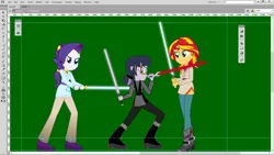 Size: 1600x900 | Tagged: safe, artist:amante56, derpibooru import, rarity, sci-twi, sunset shimmer, twilight sparkle, equestria girls, adobe flash, cutie mark clothes, dark jedi, dark side, darth midnight, dual wield, duel of the fates, element of generosity, fight, jedi, lightsaber, star wars, twilight is anakin, weapon, wip