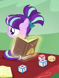 Size: 357x472 | Tagged: safe, derpibooru import, screencap, starlight glimmer, unicorn, the cutie re-mark, blocks, book, cute, female, filly, filly starlight glimmer, glimmerbetes, pigtails, younger