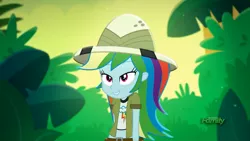 Size: 1366x768 | Tagged: safe, derpibooru import, edit, edited screencap, screencap, rainbow dash, eqg summertime shorts, equestria girls, leaping off the page, clothes, hat, lip bite, midriff, pith helmet, short shirt