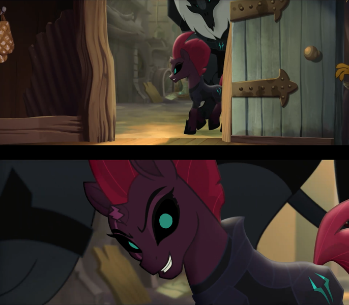 Size: 1920x1680 | Tagged: broken horn, capper dapperpaws, close-up, derpibooru import, door, edit, edited screencap, eye scar, glowing eyes, grin, hiding, horn, klugetown, my little pony: the movie, safe, scar, screencap, silly little ponies, smiling, storm guard, tempest shadow