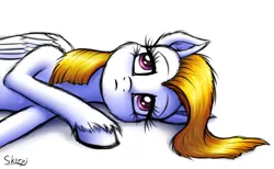 Size: 1136x700 | Tagged: safe, artist:skorpionletun, derpibooru import, surprise, pegasus, pony, sad, simple background, solo, surprisamena, unshorn fetlocks, white background