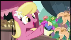 Size: 1334x750 | Tagged: safe, derpibooru import, screencap, lily, lily valley, earth pony, pony, it isn't the mane thing about you, bread, cute, female, flower, flower in hair, food, happy, lilybetes, mare, solo