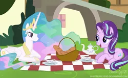 Size: 3241x1979 | Tagged: safe, artist:shutterflyeqd, derpibooru import, princess celestia, starlight glimmer, alicorn, pony, unicorn, basket, beautiful, bread, conversation, crown, cup, cute, cutie mark, duo, ethereal mane, female, flowing mane, folded wings, food, glimmerbetes, grass, jewelry, looking at each other, mare, multicolored mane, multicolored tail, picnic, picnic basket, picnic blanket, prone, purple eyes, regalia, royalty, smiling, tea, teacup, teapot, tiara