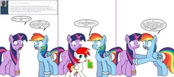 Size: 1808x800 | Tagged: safe, artist:dekomaru, derpibooru import, rainbow dash, twilight sparkle, oc, oc:mars, alicorn, pony, tumblr:ask twixie, ask, colt, female, implied appledash, implied lesbian, implied pregnancy, implied shipping, juice, juice box, lesbian, male, panic, shipping, tumblr, twidash