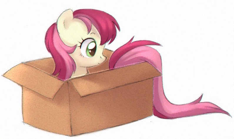 Size: 796x474 | Tagged: safe, artist:viki-niki, derpibooru import, roseluck, earth pony, pony, box, cute, cuteluck, female, mare, pony in a box, pony pet, rosepet, simple background, solo, white background