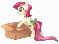 Size: 940x711 | Tagged: safe, artist:viki-niki, derpibooru import, roseluck, earth pony, pony, bow, box, collar, cute, female, mare, pony pet, rosepet, simple background, solo, tail bow, traditional art, white background