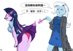 Size: 700x490 | Tagged: suggestive, artist:brainsucks, derpibooru import, trixie, twilight sparkle, equestria girls, assisted exposure, breasts, chinese text, clothes, dialogue, eyes closed, harry potter, magic, magic abuse, oney, open mouth, panties, parody, pink underwear, simple background, skirt, skirt lift, skirt pull, stahp, telekinesis, translation, underwear, upskirt, wand, white background, wingardium leviosa