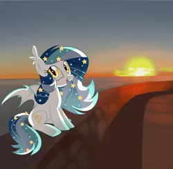 Size: 1718x1686 | Tagged: safe, artist:owlity, derpibooru import, oc, oc:wistful galaxy, unofficial characters only, bat pony, pony, beach, cloud, ear fluff, female, looking at you, mare, ocean, open mouth, outdoors, seawall, sitting, sky, smiling, solo, sunset, water