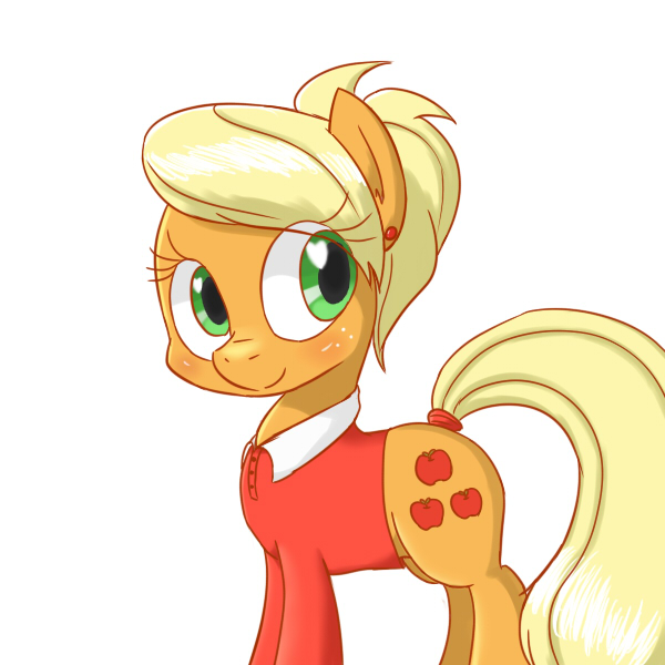 Size: 600x600 | Tagged: safe, artist:mingy.h, derpibooru import, applejack, earth pony, pony, alternate hairstyle, clothes, cute, ear piercing, earring, fancyjack, female, freckles, heart eyes, jackabetes, jewelry, mare, piercing, shirt, simple background, solo, white background, wingding eyes