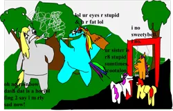 Size: 1787x1148 | Tagged: 1000 hours in ms paint, abuse, alcohol, apple bloom, artist:jacobfoolson, cigarette, derpibooru import, derpybuse, derpy hooves, fat, insult, park, playground, rainbow dash, safe, scootaloo, smoking, sweetie belle, whiskey