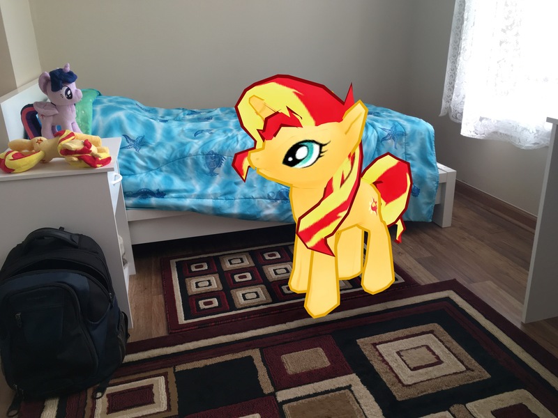 Size: 4032x3024 | Tagged: safe, derpibooru import, sunset shimmer, twilight sparkle, twilight sparkle (alicorn), alicorn, pony, unicorn, 3d, 4de, augmented reality, gameloft, irl, photo, plushie, ponies in real life, room, self ponidox