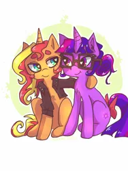 Size: 768x1024 | Tagged: safe, artist:jackytheripperart, derpibooru import, sci-twi, sunset shimmer, twilight sparkle, ponified, pony, unicorn, bow, clothes, cute, equestria girls ponified, female, glasses, heart eyes, jacket, lesbian, looking at each other, mare, scitwishimmer, shipping, sunsetsparkle, tail bow, wingding eyes