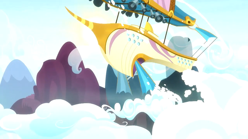 Size: 1920x1080 | Tagged: airship, cloud, derpibooru import, loudspeaker, no pony, once upon a zeppelin, safe, screencap, vehicle, zeppelin