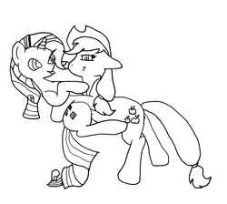 Size: 1197x1074 | Tagged: safe, artist:wissle, derpibooru import, applejack, rarity, earth pony, pony, unicorn, 1000 hours in ms paint, female, hug, lesbian, mare, monochrome, ms paint, rarijack, shipping, simple background, sketch, tongue out, wat, white background