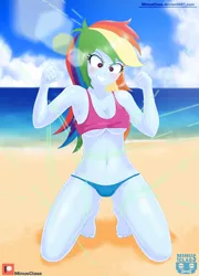 Size: 1980x2750 | Tagged: suggestive, artist:minusclass, derpibooru import, rainbow dash, equestria girls, barefoot, beach, belly button, bikini, blue swimsuit, blushing, bondage, breasts, busty rainbow dash, clothes, cloud, cross-popping veins, feet, female, kneeling, lens flare, magic abuse, patreon, patreon logo, pink swimsuit, sky, solo, solo female, summer, swimsuit, tied up, underboob, water, wires