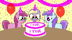 Size: 4411x2481 | Tagged: anniversary, artist:dinkyuniverse, balloon, cake, celebration, chest fluff, confetti, cute, derpibooru import, dinky hooves, female, filly, food, liza doolots, party, petunia, ruby pinch, safe, streamers, table, tootsie flute