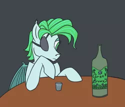 Size: 2100x1800 | Tagged: safe, artist:ononim, derpibooru import, oc, oc:icy mint, unofficial characters only, bat pony, pony, absinthe, alcohol, atg 2017, bat wings, bottle, dark background, eyepatch, female, flat colors, glass, mare, newbie artist training grounds, simple background, solo, table, wings
