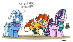 Size: 2420x1406 | Tagged: safe, artist:bobthedalek, derpibooru import, starlight glimmer, sunburst, trixie, pony, unicorn, blushing, clothes, convenient trixie, dialogue, embarrassed, female, implied starburst, inconvenient trixie, magic, male, mare, scarf, shipper on deck, shipping, simple background, slap, stallion, starburst, straight, telekinesis, the great and powerful shipper, trio, white background