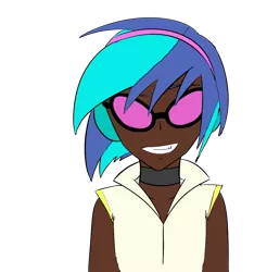 Size: 1379x1403 | Tagged: safe, artist:icey-wicey-1517, artist:vnagato, derpibooru import, vinyl scratch, human, choker, collaboration, dark skin, female, grin, headphones, humanized, simple background, sleeveless, smiling, solo, transparent background