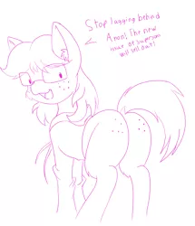 Size: 3010x3492 | Tagged: safe, artist:steelsoul, derpibooru import, oc, oc:serena, unofficial characters only, earth pony, pony, comic:adorkable twilight and friends, adorkable twilight and friends fanart, blank flank, butt freckles, cheek fluff, clothes, dialogue, ear fluff, female, freckles, glasses, hoodie, implied anon, lineart, looking back, monochrome, offscreen character, plot, simple background, smiling, solo, white background