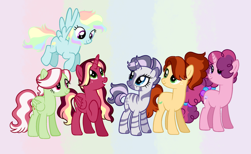 Size: 2544x1564 | Tagged: safe, artist:crayoncreates, derpibooru import, oc, oc:apple custard, oc:beau, oc:cake pop, oc:crisp care, oc:sparkling cider, oc:spectrum whisp, unofficial characters only, alicorn, earth pony, hybrid, pegasus, pony, unicorn, zony, alicorn oc, interspecies offspring, magical lesbian spawn, offspring, parent:applejack, parent:cherry jubilee, parent:flam, parent:flim, parent:fluttershy, parent:pinkie pie, parent:rainbow dash, parent:rarity, parent:sugar belle, parent:twilight sparkle, parent:vapor trail, parent:zecora, parents:cherryjack, parents:flamshy, parents:flimsparkle, parents:raricora, parents:sugarpie, parents:vapordash, rainbow hair