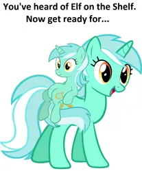 Size: 900x1087 | Tagged: safe, derpibooru import, lyra heartstrings, pony, unicorn, background pony, elf on the shelf, exploitable meme, female, mare, meme, memeception, ponies riding ponies, self ponidox, simple background, sitting, sitting lyra, size difference, smiling, white background