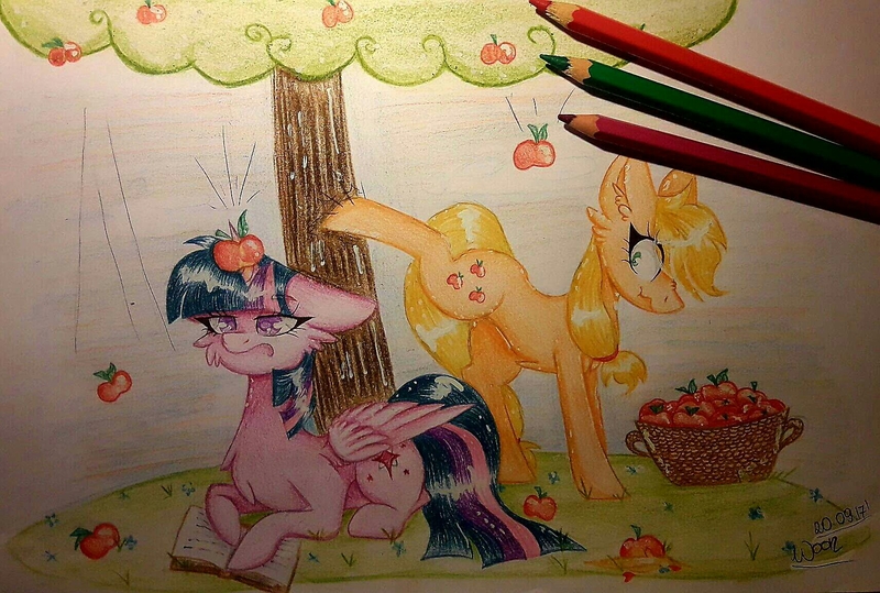 Size: 1709x1152 | Tagged: safe, artist:woonborg, derpibooru import, applejack, twilight sparkle, twilight sparkle (alicorn), alicorn, earth pony, pony, annoyed, apple, apple tree, applebucking, applejack mid tree-buck facing the right with 3 apples falling down, applejack mid tree-buck with 3 apples falling down, basket, book, cheek fluff, chest fluff, colored pencil drawing, ear fluff, falling, female, floppy ears, food, frown, grass, horn impalement, mare, missing accessory, prone, scrunchy face, signature, standing, surprised, traditional art, tree