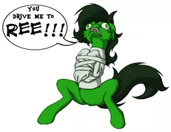 Size: 900x699 | Tagged: safe, artist:ravvij, derpibooru import, oc, oc:anon, oc:anonfilly, unofficial characters only, earth pony, pony, bondage, cheek fluff, derp, female, filly, floppy ears, frown, funny, green, mare, meme, open mouth, reeee, screaming, screech, simple background, sitting, solo, speech bubble, straitjacket, white background, wide eyes, yelling