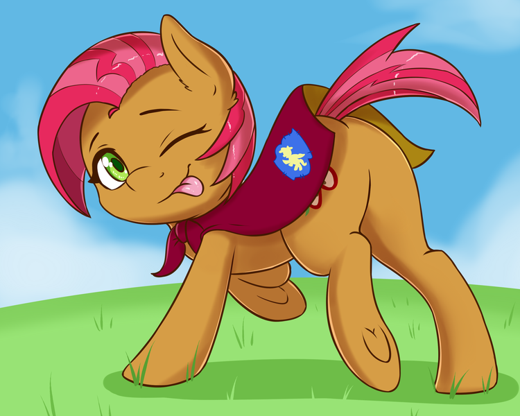 Size: 2500x2000 | Tagged: safe, artist:fearingfun, derpibooru import, babs seed, earth pony, pony, :p, adorababs, cape, clothes, cloud, cute, female, filly, looking at you, looking back, one eye closed, sky, smiling, solo, tongue out, wink