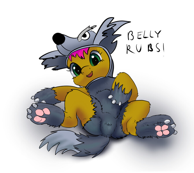 Size: 1553x1389 | Tagged: adorababs, animal costume, artist:hexado, babs seed, bellyrubs, big babs wolf, clothes, costume, cute, derpibooru import, safe, wolf costume