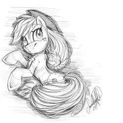 Size: 2000x2000 | Tagged: safe, artist:jadedjynx, derpibooru import, applejack, earth pony, pony, cowboy hat, hat, looking at you, looking back, monochrome, solo