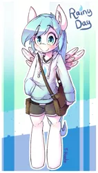 Size: 891x1573 | Tagged: safe, artist:apony, derpibooru import, oc, oc:rainy day, unofficial characters only, pegasus, pony, semi-anthro, bag, bipedal, clothes, ear fluff, hoodie, looking at you, male, shirt, shorts, smiling, stallion, wings