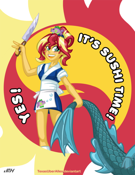 Size: 720x937 | Tagged: safe, artist:texasuberalles, derpibooru import, sonata dusk, sunset shimmer, puffer fish, siren, equestria girls, abuse, alternate hairstyle, apron, blushing, clothes, cutie mark background, dead, duo, female, happi, imminent death, implied murder, implied sonata dusk, knife, looking at you, offscreen character, smiling, sonatabuse, spike the pufferfish, standing, sunset sushi, this will end in sushi, toy interpretation, uniform