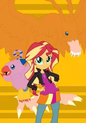 Size: 2248x3215 | Tagged: safe, artist:pyrus-leonidas, derpibooru import, sunset shimmer, bird, birdramon, biyomon, equestria girls, clothes, crossover, digidestined, digimon, female, leg rings, orange background, simple background