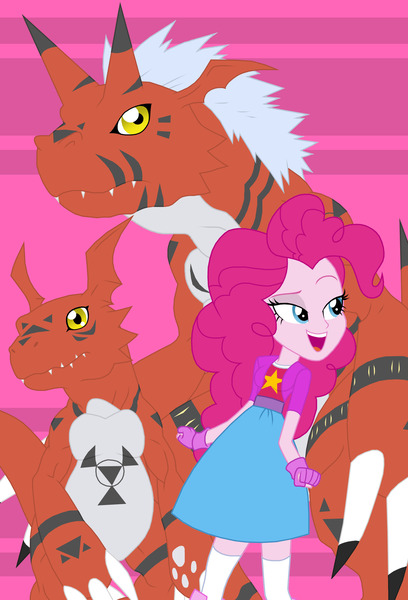 Size: 2279x3350 | Tagged: safe, artist:pyrus-leonidas, derpibooru import, pinkie pie, growlmon, guilmon, equestria girls, crossover, digidestined, digimon, female, male, pink background, simple background