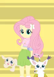 Size: 1902x2710 | Tagged: safe, artist:pyrus-leonidas, derpibooru import, fluttershy, cat, dog, gatomon, salamon, equestria girls, crossover, digidestined, digimon, female, simple background, tailmon, yellow background