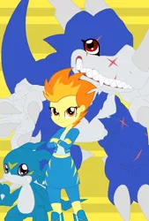 Size: 2211x3271 | Tagged: safe, artist:pyrus-leonidas, derpibooru import, spitfire, veedramon, veemon, equestria girls, crossed arms, crossover, digidestined, digimon, female, male, simple background, yellow background